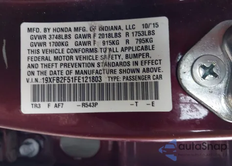 2015 Honda Civic Lx from USA, damaged, VIN 19XFB2F51FE121803